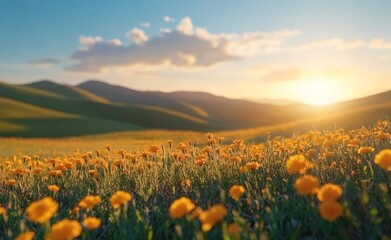 Fototapeta premium A vibrant field of flowers under a sunset, showcasing natural beauty and tranquility.