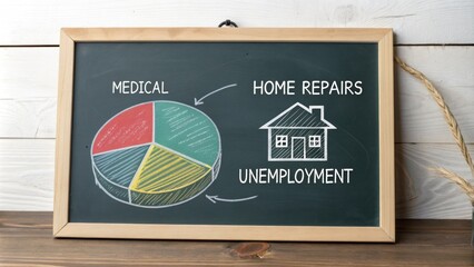 A chalkboard featuring a pie chart that visually represents the allocation of savings for emergencies.