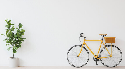 Yellow Bicycle Minimalist Interior: A simple yet stylish image featuring a bright yellow bicycle leaning against a white wall with a small potted plant.