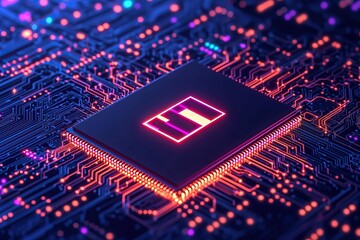 anti tracking protection concept, A close-up of a microchip on a circuit board, illuminated with vibrant colors, showcasing intricate patterns and technology.
