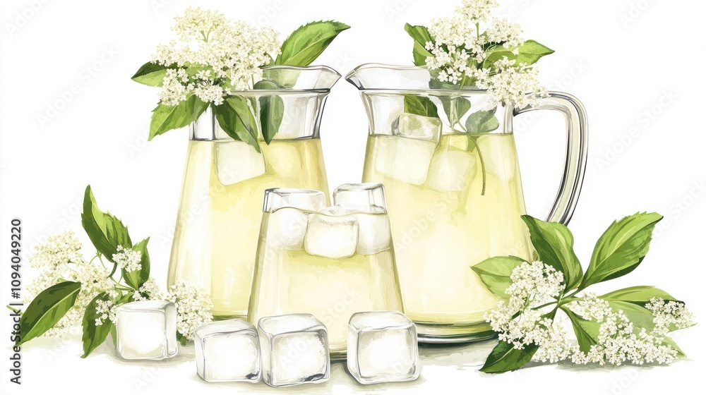Poster a refreshing display of lemonade in pitchers with ice and flowers.