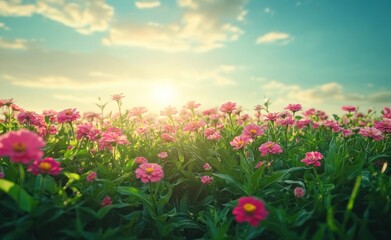 Obraz premium A vibrant field of pink flowers under a bright sky at sunset.