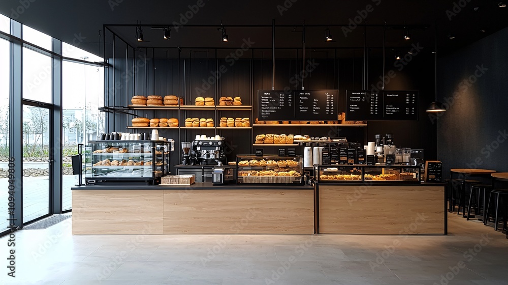 Poster a focus on the freshness of roasted beans and a dynamic bakery setup with a rich coffee menu board