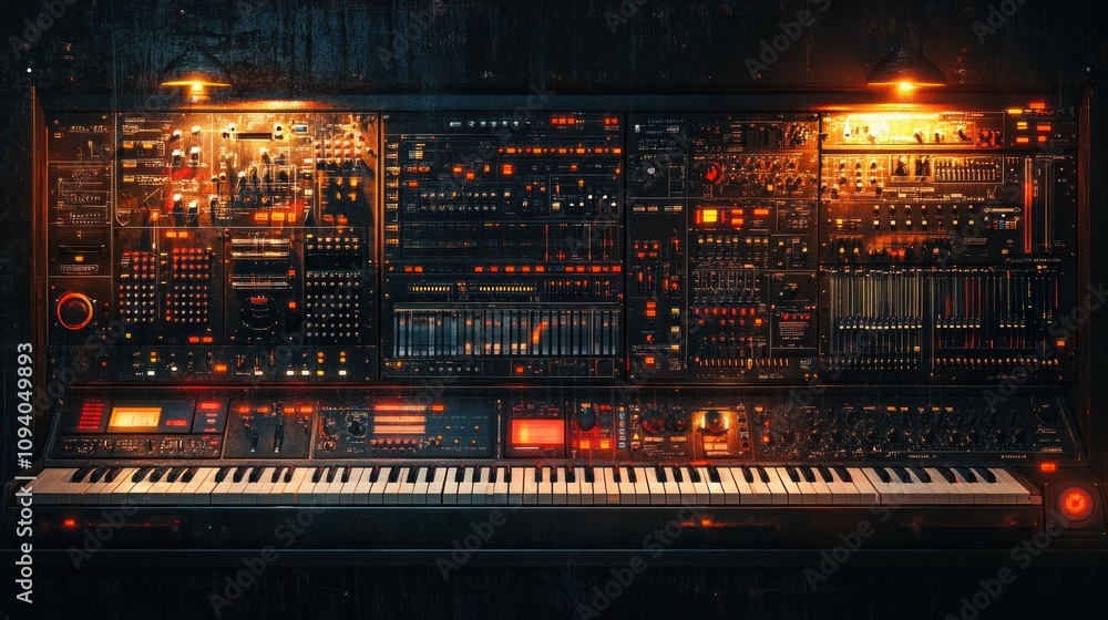 Poster a vintage synthesizer setup with illuminated controls and a keyboard for music production.