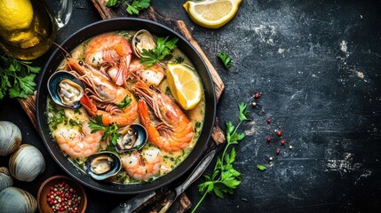 Creamy Seafood Chowder in a Pan with Fresh Ingredients