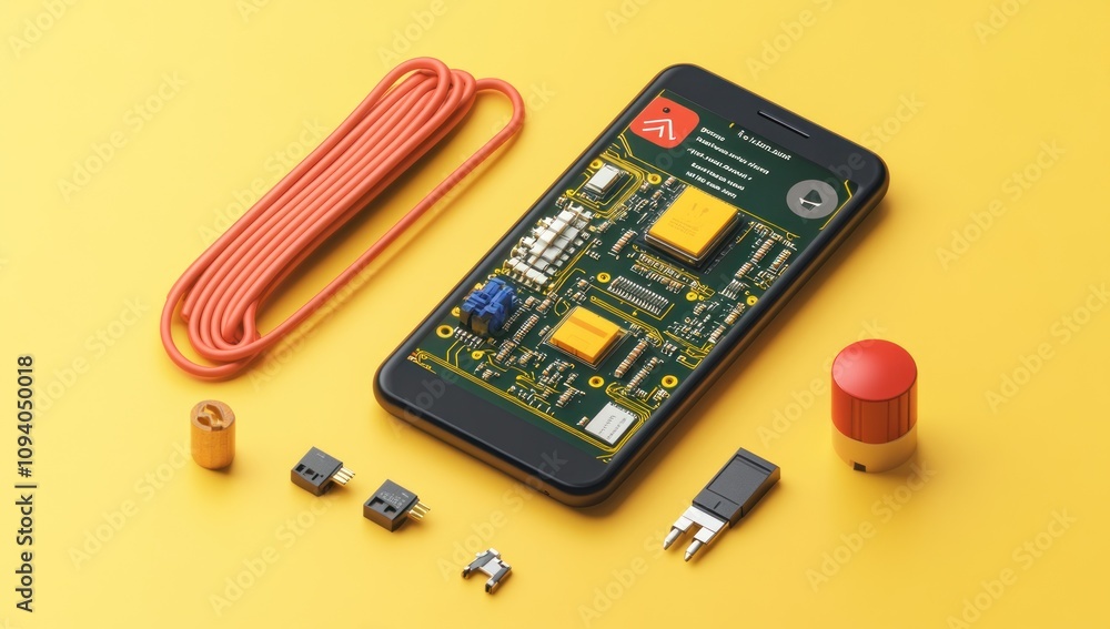Poster a smartphone displaying a circuit board with various electronic components on a yellow background.