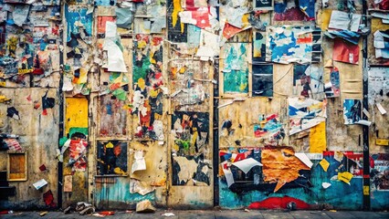 Fototapeta premium A Wall of Layered, Textured, and Faded Papers, Posters, and Paints Creates an Abstract Urban Art Display