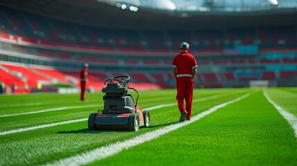 Groundskeepers Meticulously Preparing the Lush Green Football Field for an Upcoming Match