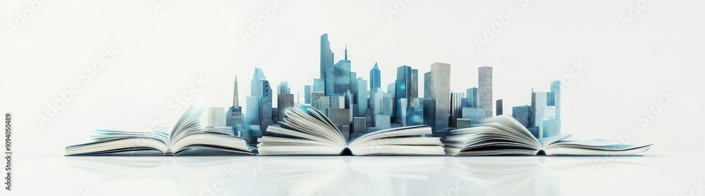Poster an open book with a city skyline emerging from its pages, symbolizing knowledge and imagination.