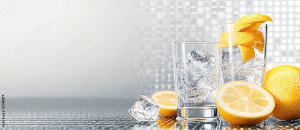 Poster refreshing drinks with lemon slices and ice on a shiny surface.