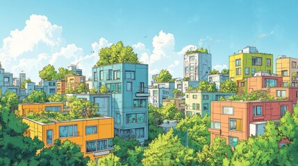 Obraz premium A vibrant urban landscape featuring colorful buildings integrated with greenery.