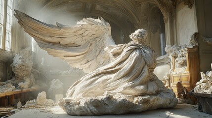 Angelic Sculpture Art Studio Wings Stone Religious Craftsmanship Light Indoor Ancient Detail