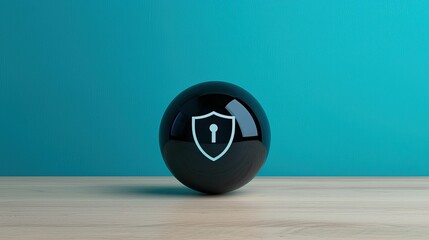 anti tracking protection concept, A black sphere with a shield symbol on it, placed on a wooden surface against a turquoise background, representing security and protection.