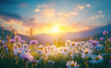 A vibrant field of flowers at sunset, showcasing nature's beauty and tranquility.
