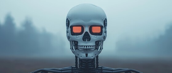 Futuristic robot skeleton open field digital art foggy atmosphere close-up