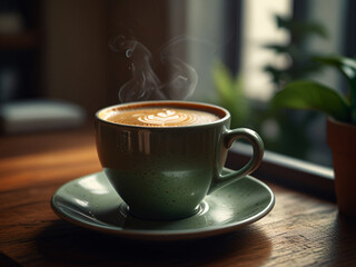 A beautifully crafted latte coffee sits on a saucer, placed on a wooden table by a window with a view of lush green trees.
