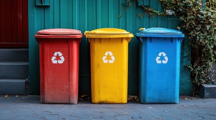 Three recycling bins in red, yellow, and blue against a green wall, promoting waste separation.