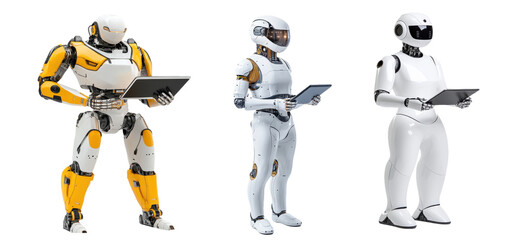 Set of humanoid robots holding tablets, futuristic design, isolated on transparent background