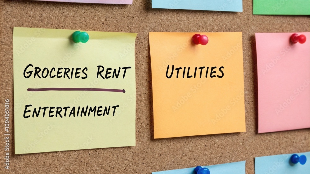 Poster a bulletin board covered with sticky notes labeled with different monthly expenses showing a colorfu