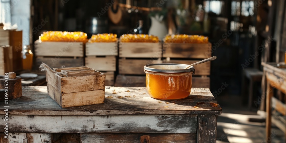 Poster a rustic workspace with a pot of honey and wooden crates in a cozy, artisanal setting.