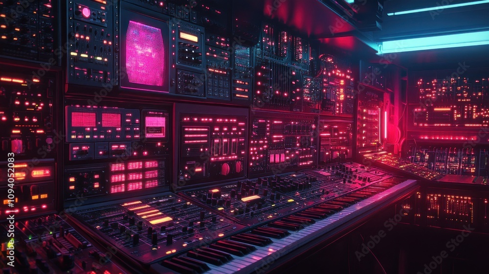 Poster a vibrant synthesizer setup with glowing controls and a futuristic ambiance.