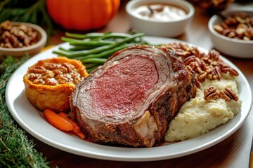 A delicious plate featuring prime rib, mashed potatoes, green beans, and pecan pie.