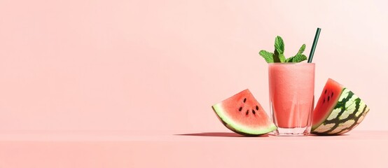 A refreshing watermelon smoothie garnished with mint on a pastel background.