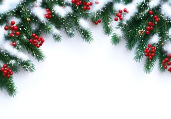 Beautiful Green Pine Branches with Red Berries and Snowflakes for a Festive Winter Celebration and Holiday Season Background
