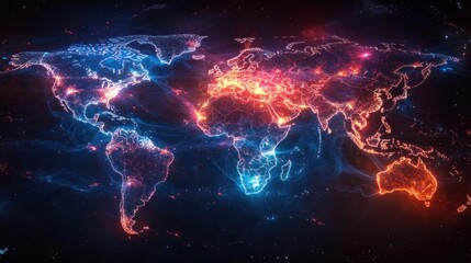 A glowing, abstract representation of a world map with vibrant colors and light effects.