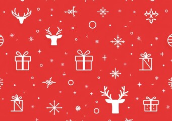 Festive Red Background with White Christmas Icons Featuring Reindeer, Snowflakes, Gifts, and Decorative Elements for Holiday Celebrations and Seasonal Designs