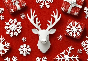 Festive Red Background with White Deer Head, Snowflakes, and Gift Boxes, Perfect for Holiday Decorations and Christmas Themed Designs