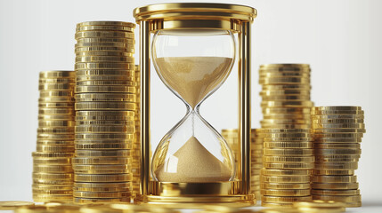 Financial Planning Depicted with Hourglass and Gold Coin Stacks