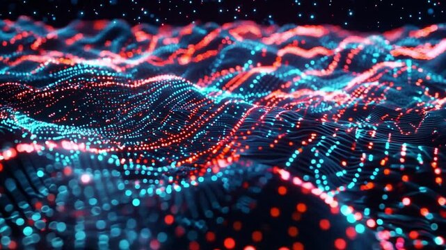 Abstract digital landscape of glowing blue and red particles