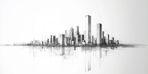 Modern Urban Skyline Captured in Minimalist Pencil Sketch with Reflections