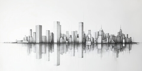 Fototapeta premium Detailed Cityscape in Black and White Sketch Style with Mirrored Reflection