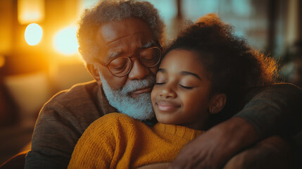 Grandfather and granddaughter sharing a warm embrace, smiling together, strategy for overcoming challenges