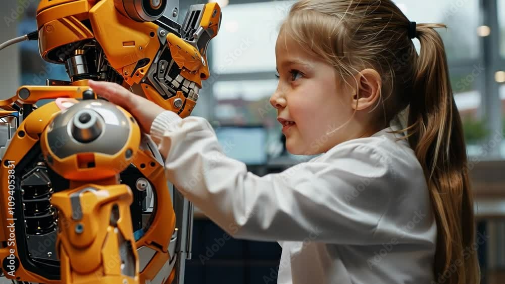 Poster In a contemporary classroom setting, a young girl engages with a friendly robot, exploring its features and capabilities while learning about technology and robotics.
