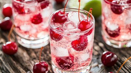 Refreshing cherry drinks with ice and bubbles on a rustic wooden surface.