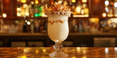 A decorative cocktail served in a tall glass, topped with coconut flakes and a creamy layer.
