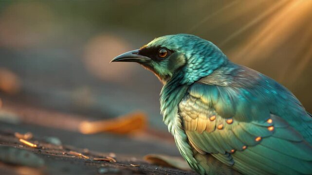 Video Beautiful Green-Gold Bird Sitting on the Ground, Graceful and Vibrant

