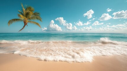 A serene beach scene with gentle waves and a palm tree under a clear blue sky.