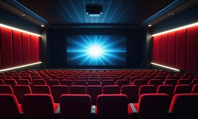 Fototapeta premium Empty cinema with red seats and bright projector screen displaying blue light burst
