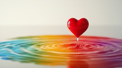 Red Heart Shaped Water Droplet Creating Vibrant, Colorful Ripples in Water on White Background.