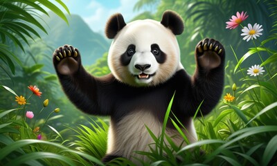 Obraz premium Cheerful panda in lush greenery with colorful blossoms in a vibrant jungle