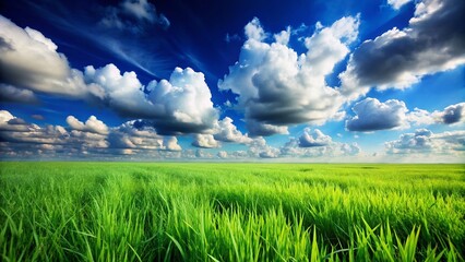 Obraz premium Surreal Landscape of Lush Green Grass Field Under Expansive Blue Sky with Fluffy Clouds on a Clear Day, Invoking Peace and Tranquility in Nature's Breathtaking Beauty