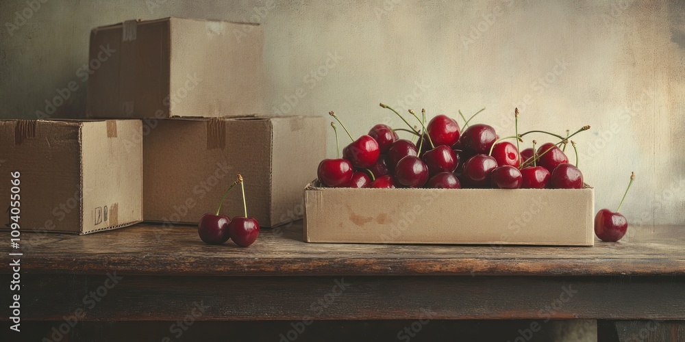 Poster a rustic scene featuring fresh cherries in a box with cardboard boxes in the background.