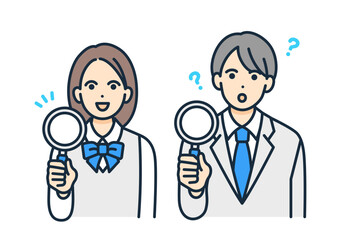 疑問を持つ男の子。何か閃いた女の子。虫眼鏡を持つ学生のベクターイラストセット。