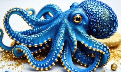 Obraz premium Vibrant blue octopus with gold accents and detailed textures in artistic design