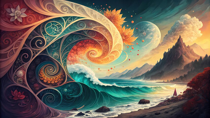 Abstract colorful spiral fractal wallpaper with water wave texture