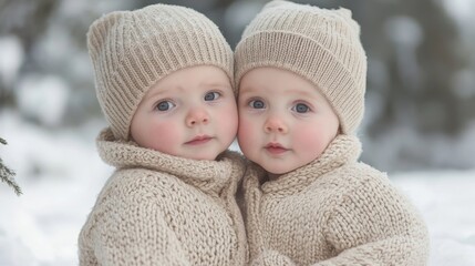 Finnish Twins Embracing Winter: Serene Sibling Connection in Cozy Knitwear Against Snowy Backdrop